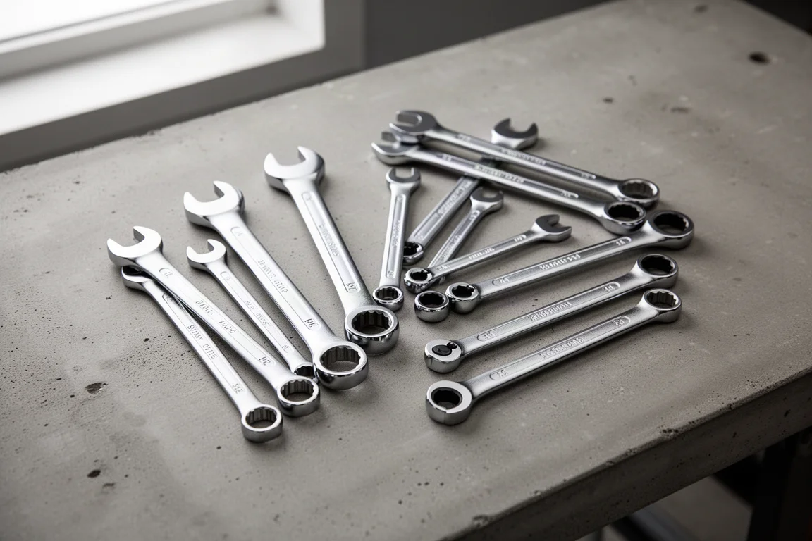 Ratcheting combination wrenches fanned out on a concrete workbench