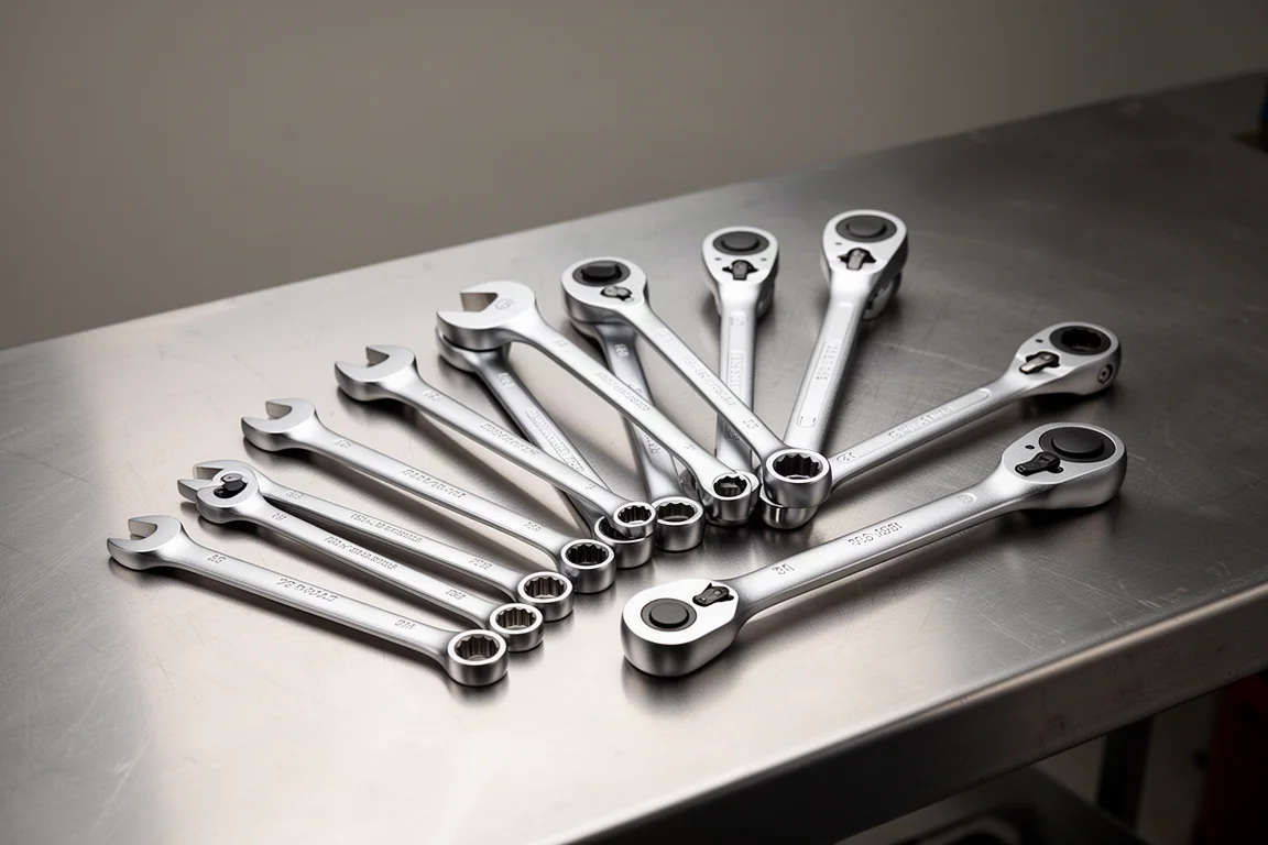 Set of ratcheting wrenches arranged on a brushed steel workbench