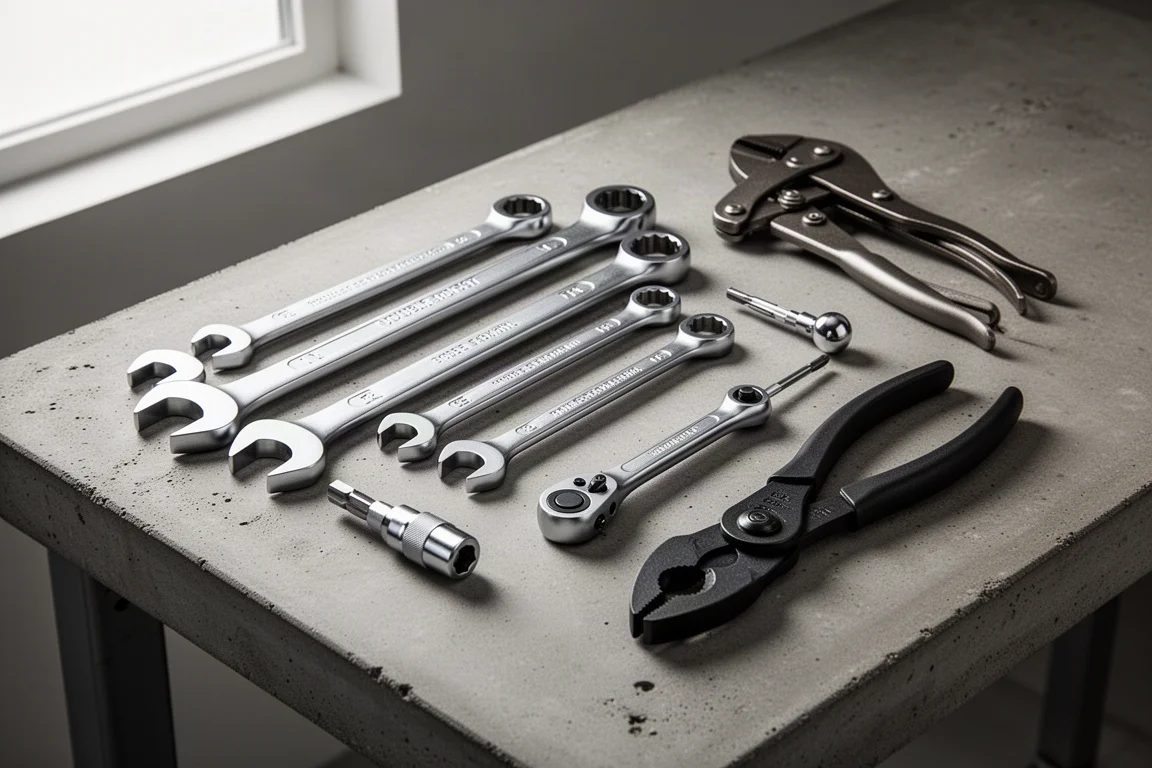 Assortment of hand tools including ratcheting wrenches, screwdrivers, and pliers on a concrete workbench