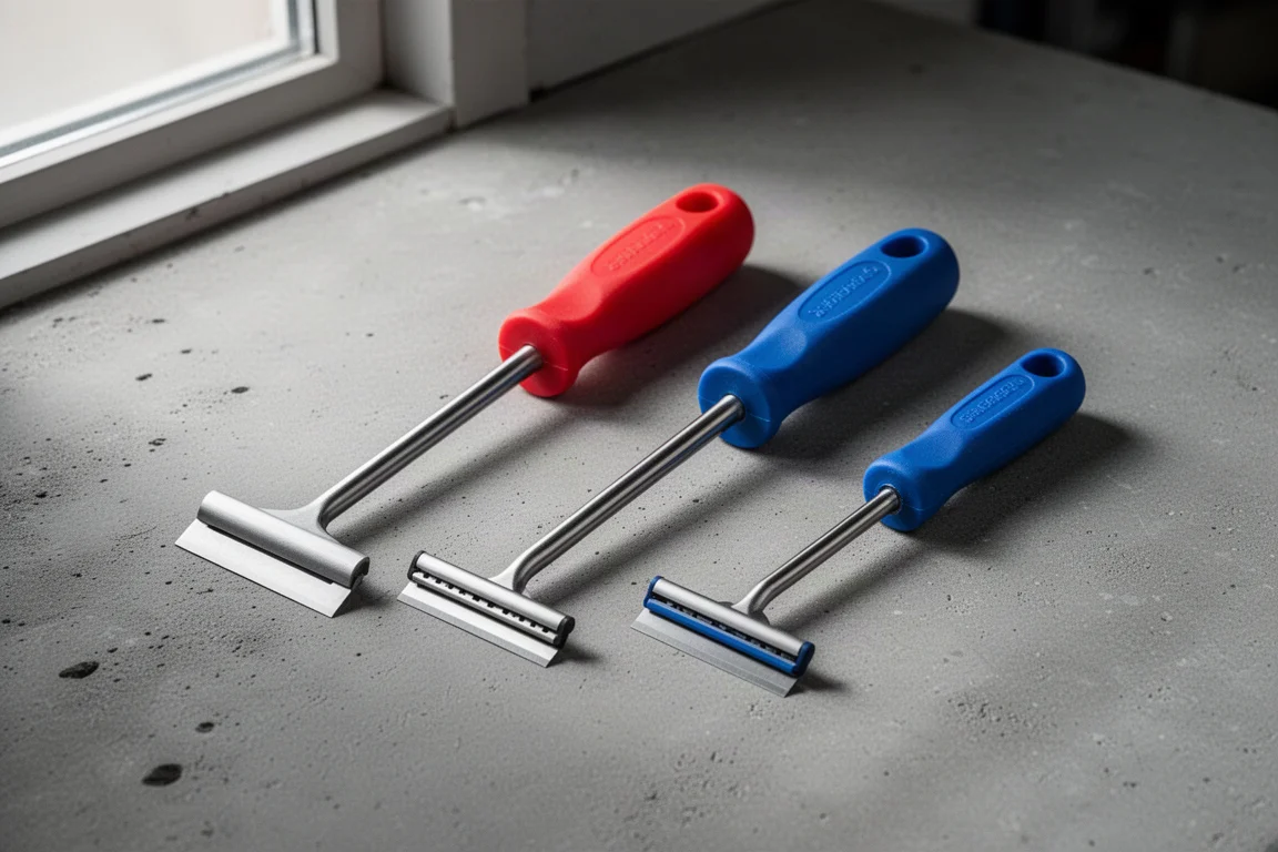 Three handled razor scrapers in red, blue, and compact styles on a concrete surface