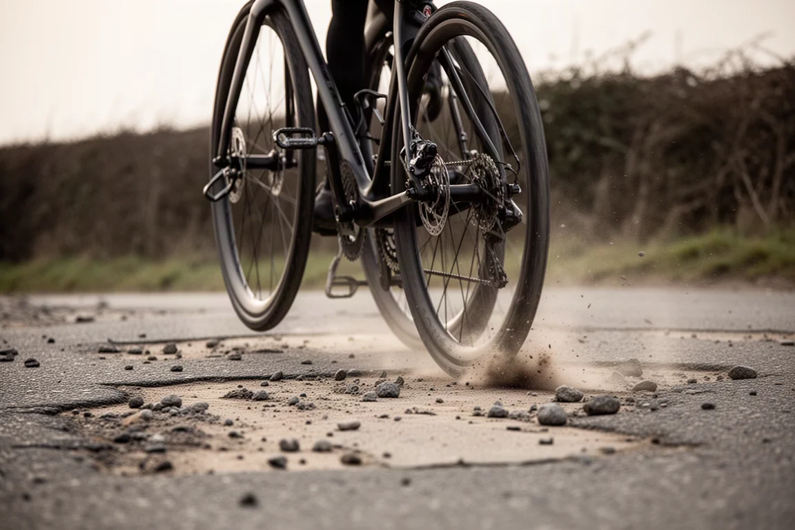 Ciclista visto da dietro su una strada di campagna dove l'asfalto incontra la banchina ghiaiosa