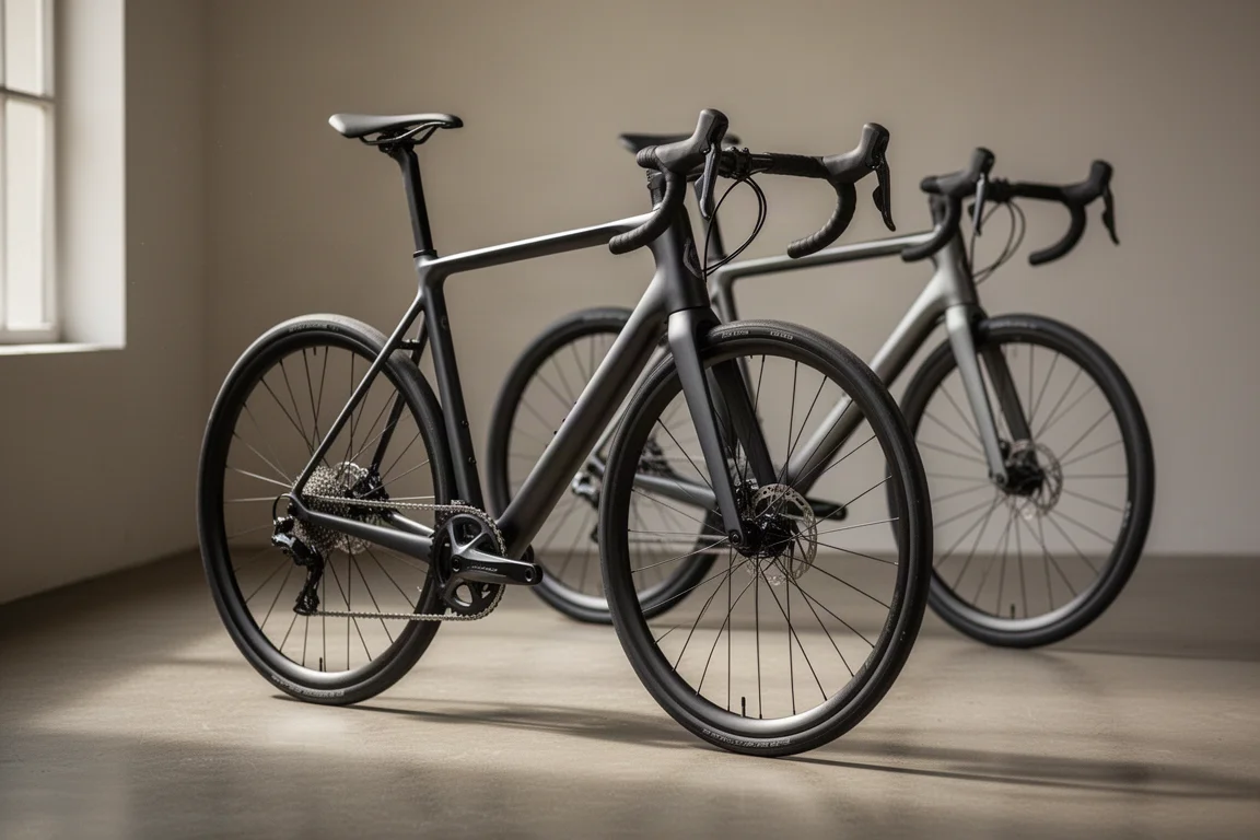 Drie carbon wegfietsen met brede banden op een rij op een betonnen vloer tegen een grijze muur