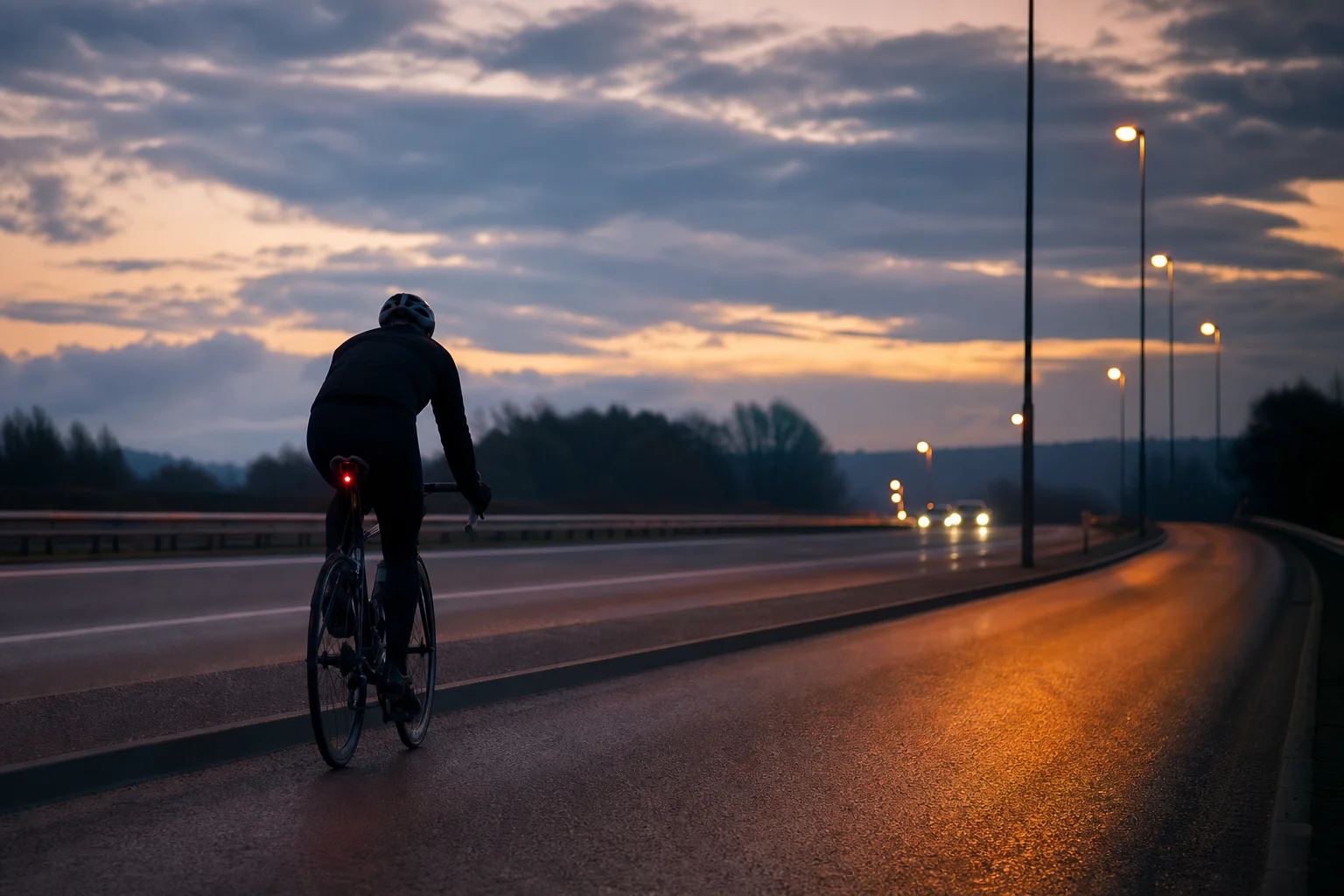 夕暮れ時の幹線道路を走行するサイクリストと背後の交通状況