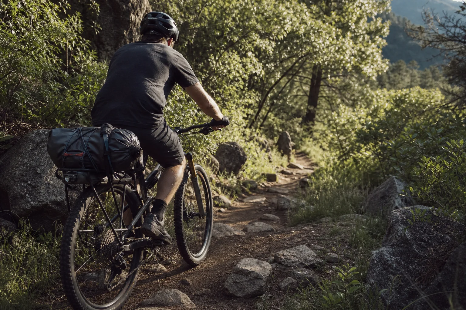 Mountain biker con portapacchi posteriore carico che percorre un sentiero singletrack roccioso