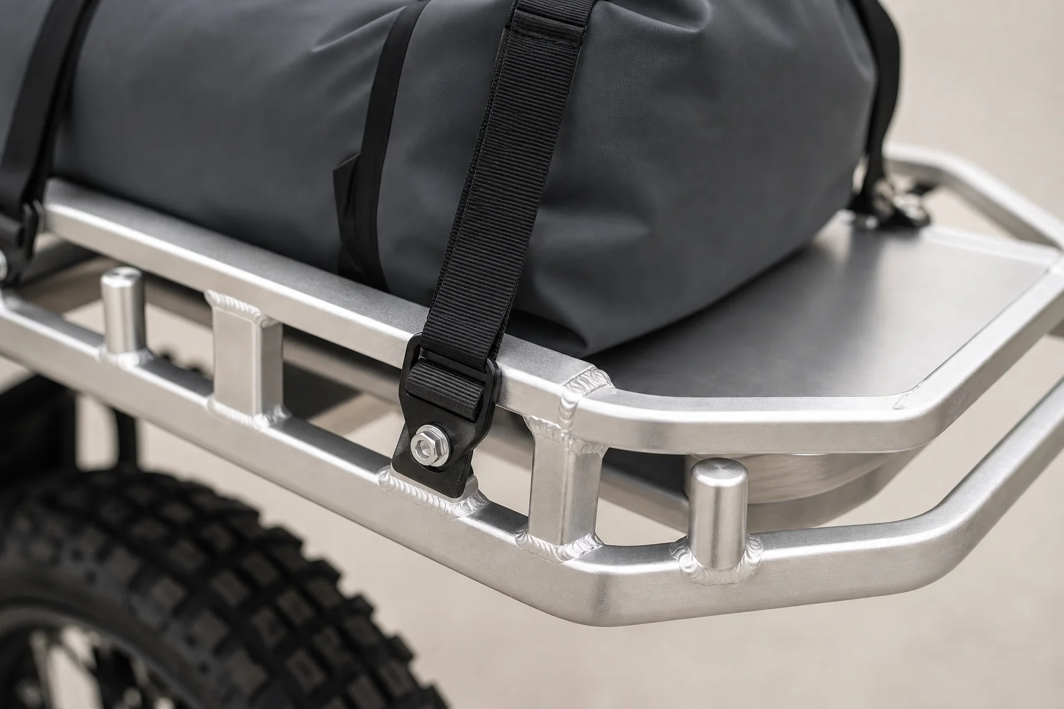 Primo piano di un portapacchi a piattaforma in alluminio con cinghie che fissano una borsa stagna