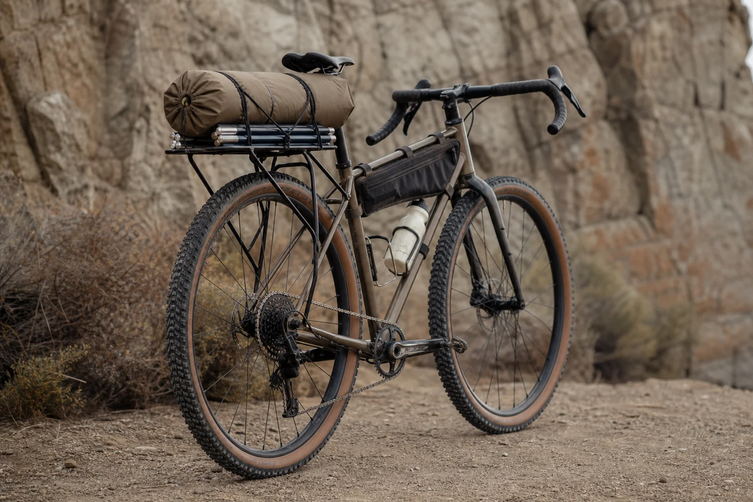 Bici gravel con portapacchi in stile Tumbleweed carico di borsa stagna e pali della tenda