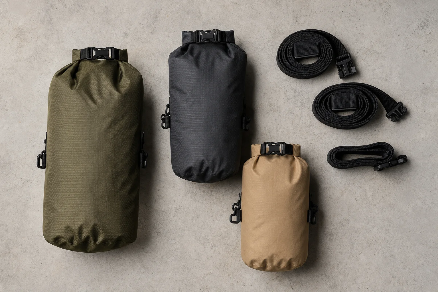 Assortimento di borse stagne e cinghie da bikepacking disposte su una superficie neutra