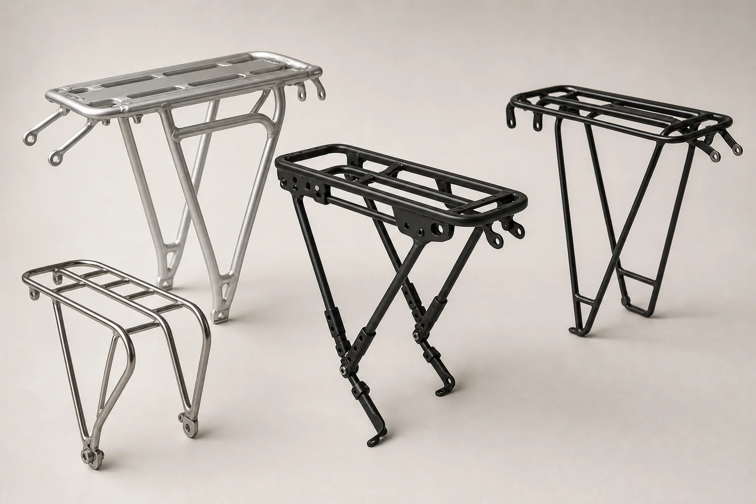 Collection of rear bike racks in various styles and materials arranged on neutral backdrop