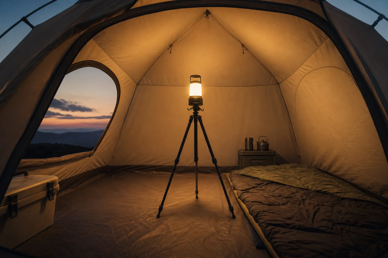 Campinglaterne auf einem Stativ in einem Zelt montiert, zeigt Lichtverteilung und Abdeckung