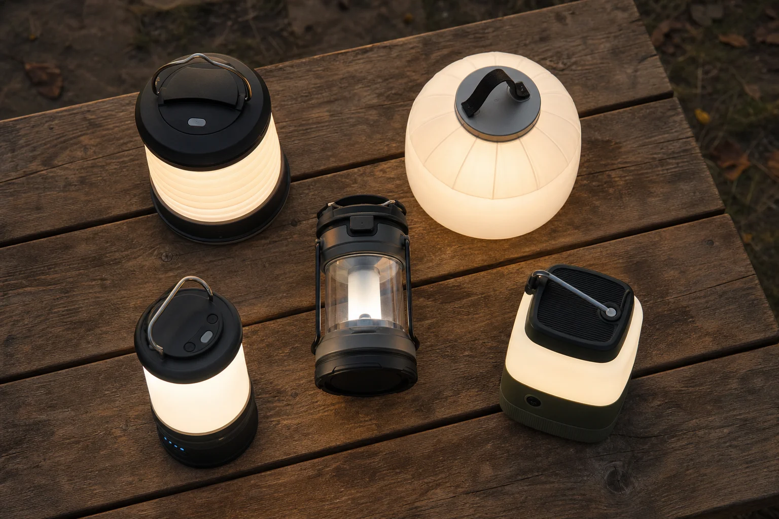 Mehrere Campinglaternen auf einem Holztisch, die verschiedene Größen und Designs zeigen