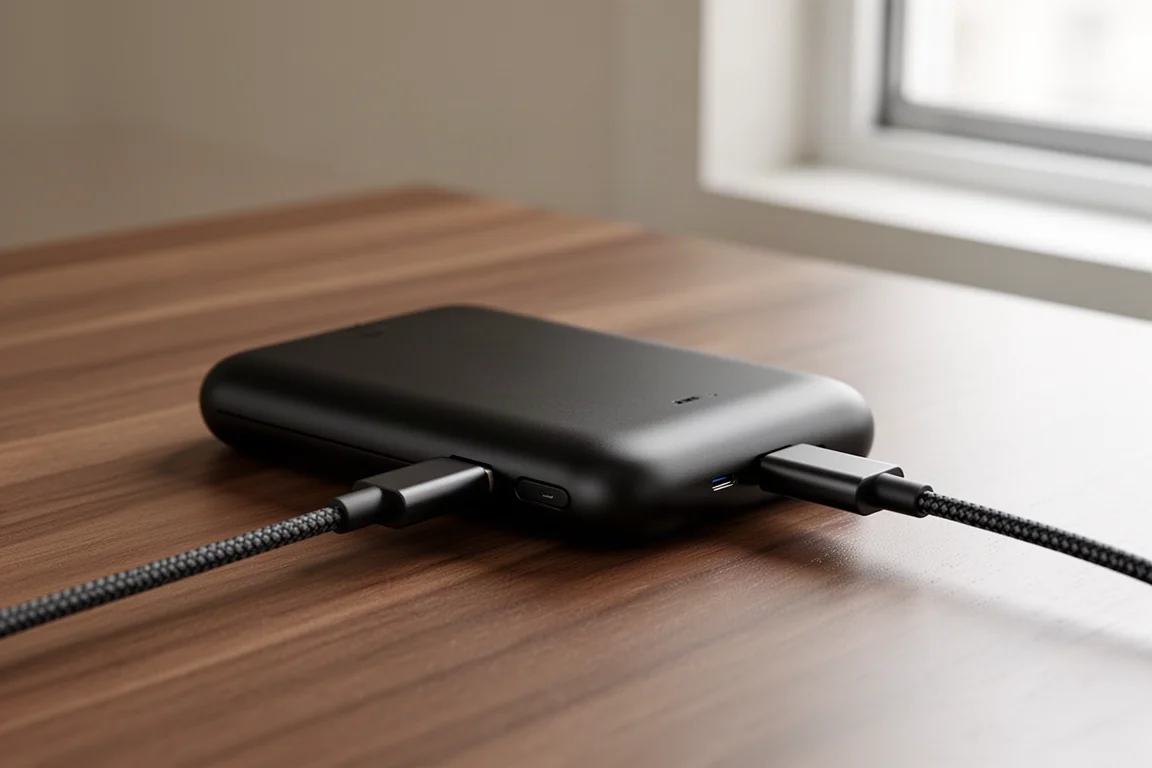Ogrzewacz do rąk podłączony kablem USB-C i ładujący się na biurku