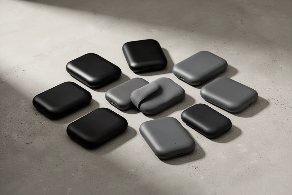 Collection of slim rechargeable hand warmers arranged on a concrete surface
