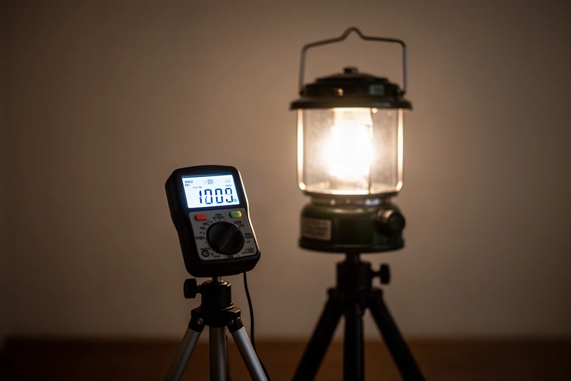 Light meter held near a glowing camping lantern on a tripod in a dim room