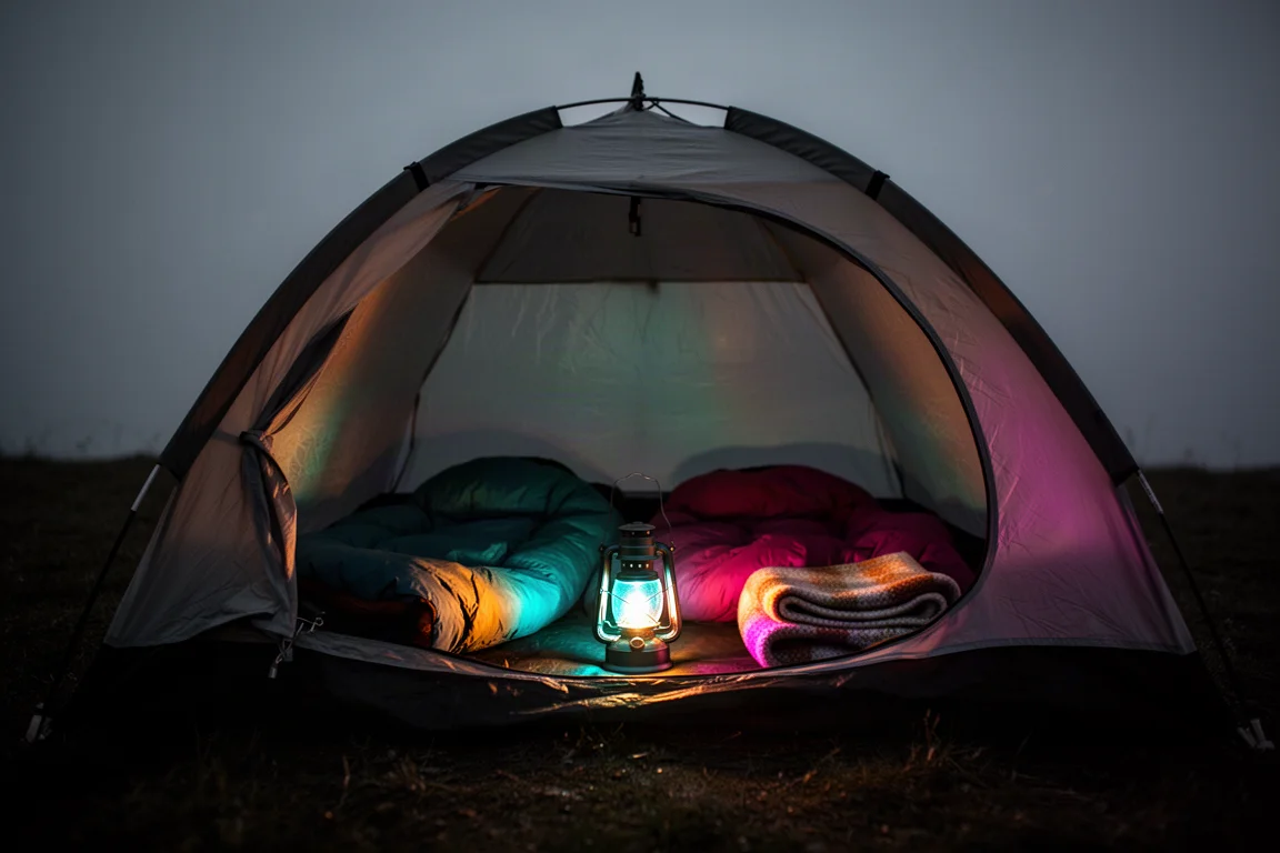 Tent interior at night lit by a lantern glowing in teal, amber, and magenta