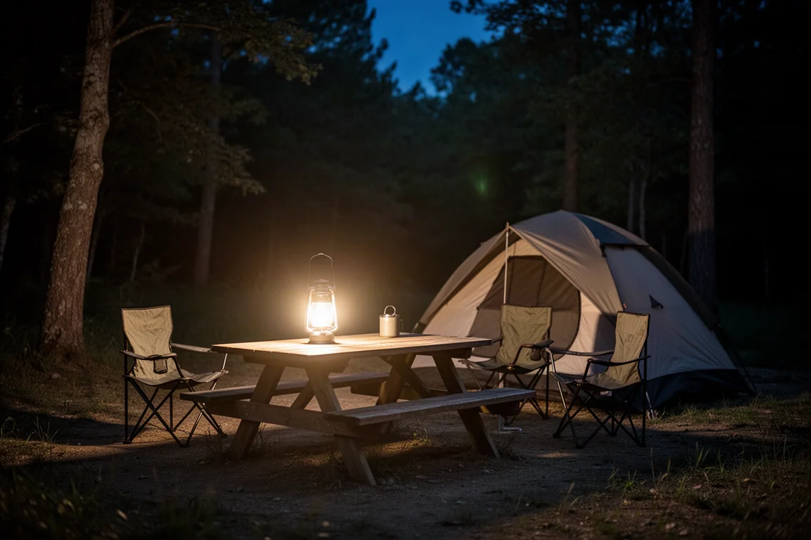 Campsite clearing at night lit brightly by a lantern on a picnic table
