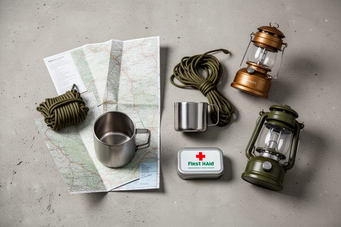 Overhead flat lay of camping essentials and two lanterns on concrete