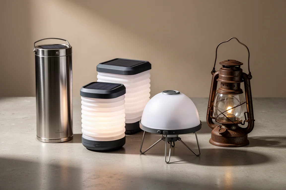 Assorted camping lanterns arranged on a concrete surface in soft studio light