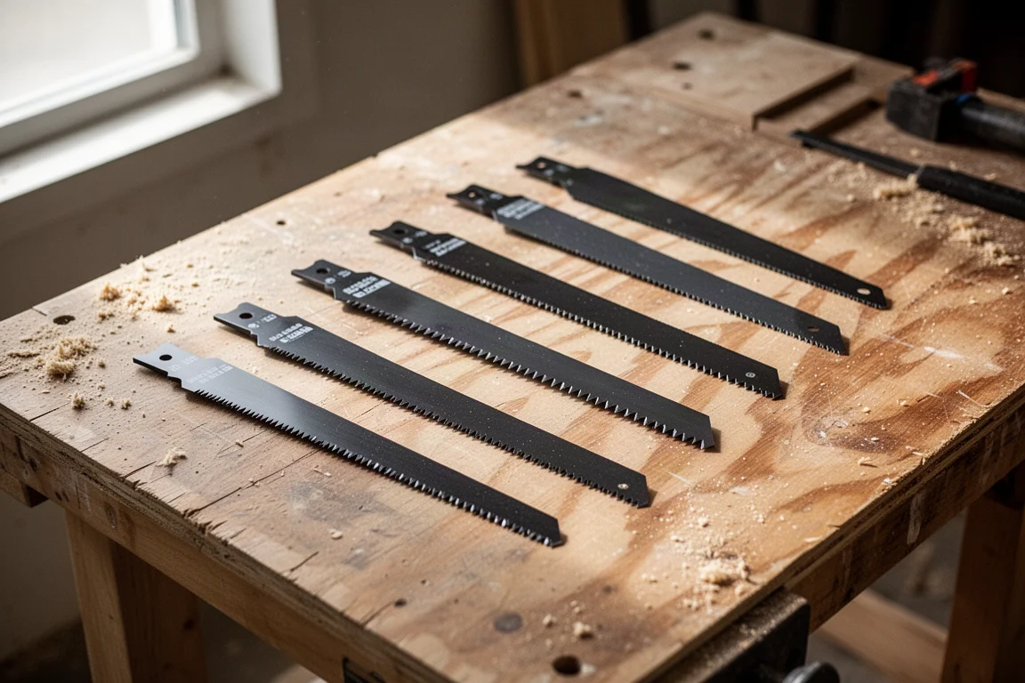 Fresh reciprocating saw blades laid out on a workbench