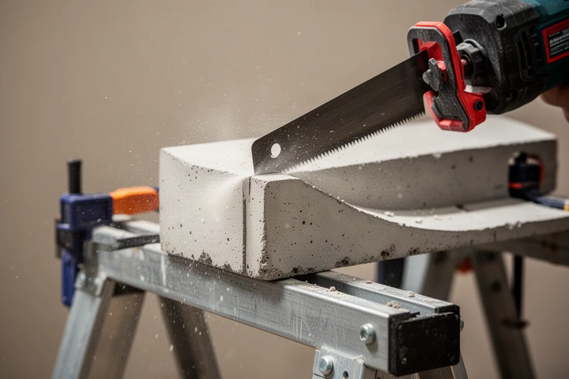 Reciprocating saw blade cutting through a lightweight concrete block