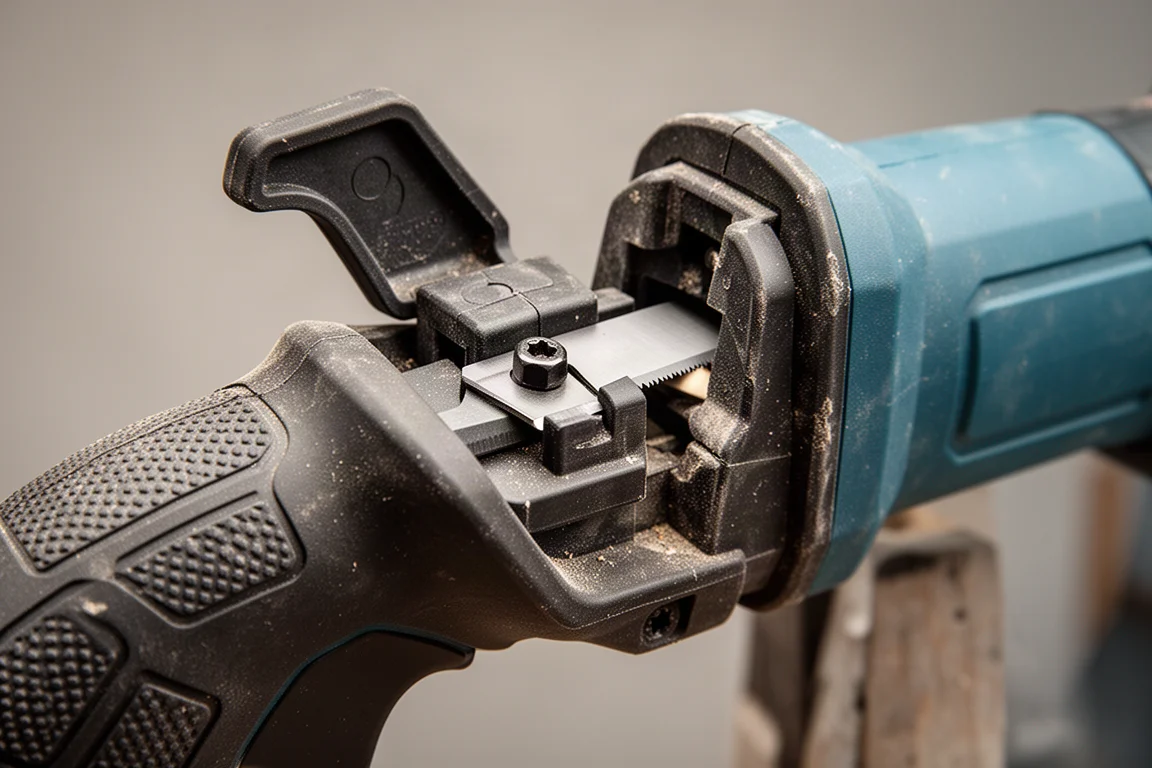 Close-up of a quick-change blade release lever on a reciprocating saw