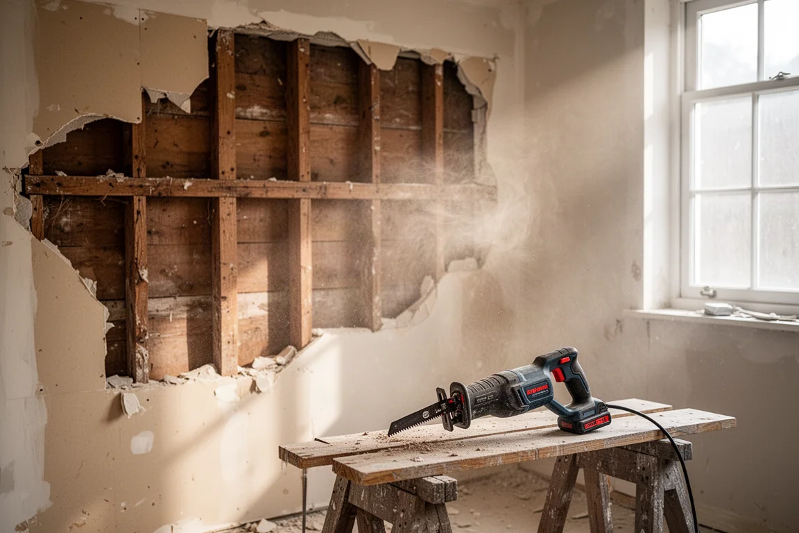Demolition scene with a reciprocating saw cutting into old wall framing