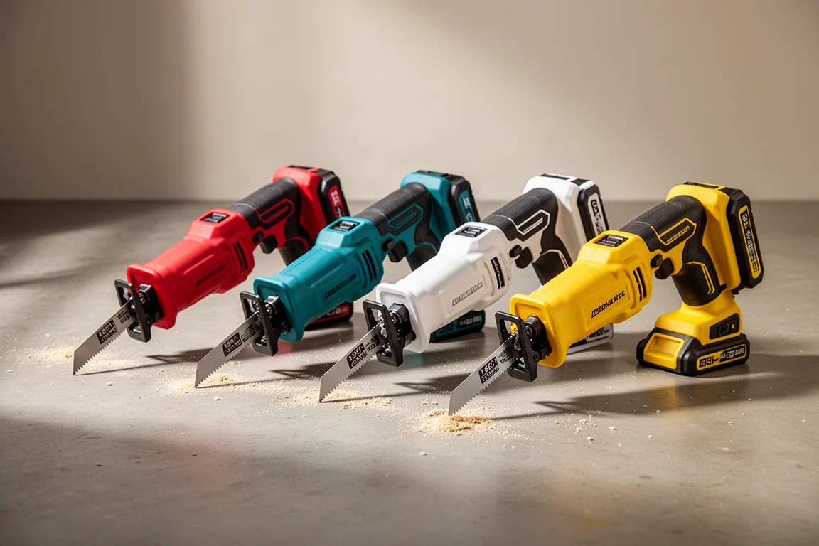 Four cordless reciprocating saws lined up on a concrete workshop floor