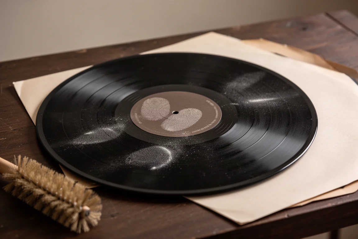 Used vinyl record with visible dust on a wooden table beside a dry record brush