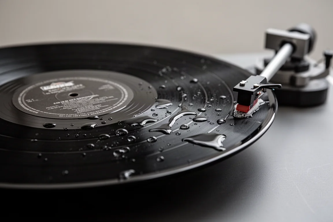 Cleaning fluid beading across the grooves of a spinning vinyl record on a small platter