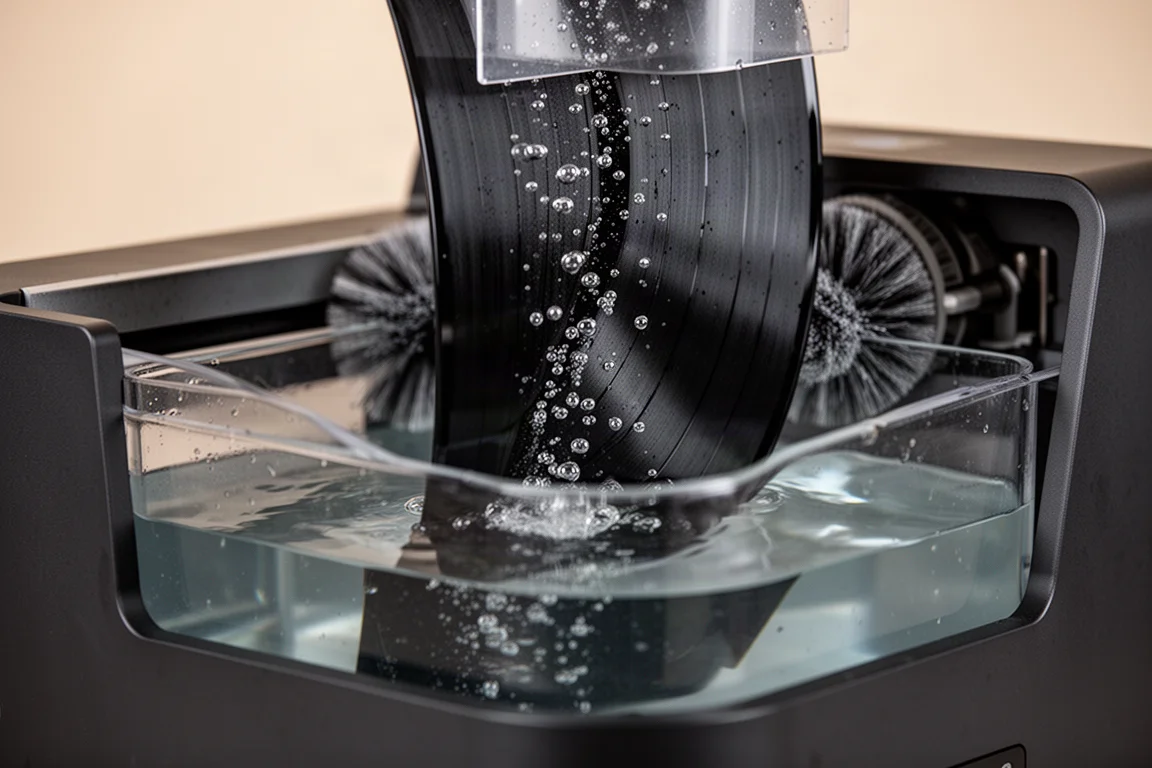 Vinyl record submerged in a fluid bath inside an ultrasonic cleaning machine