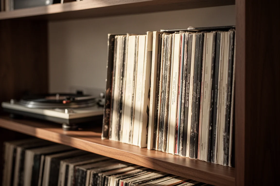Wooden shelf of vinyl records stored upright with a turntable blurred behind