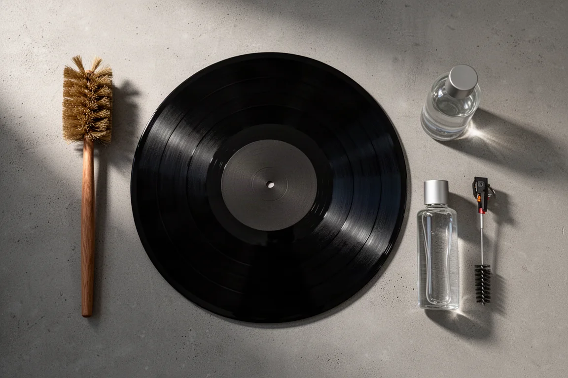 Overhead flat-lay of a vinyl record with cleaning fluid, a record brush and a stylus brush