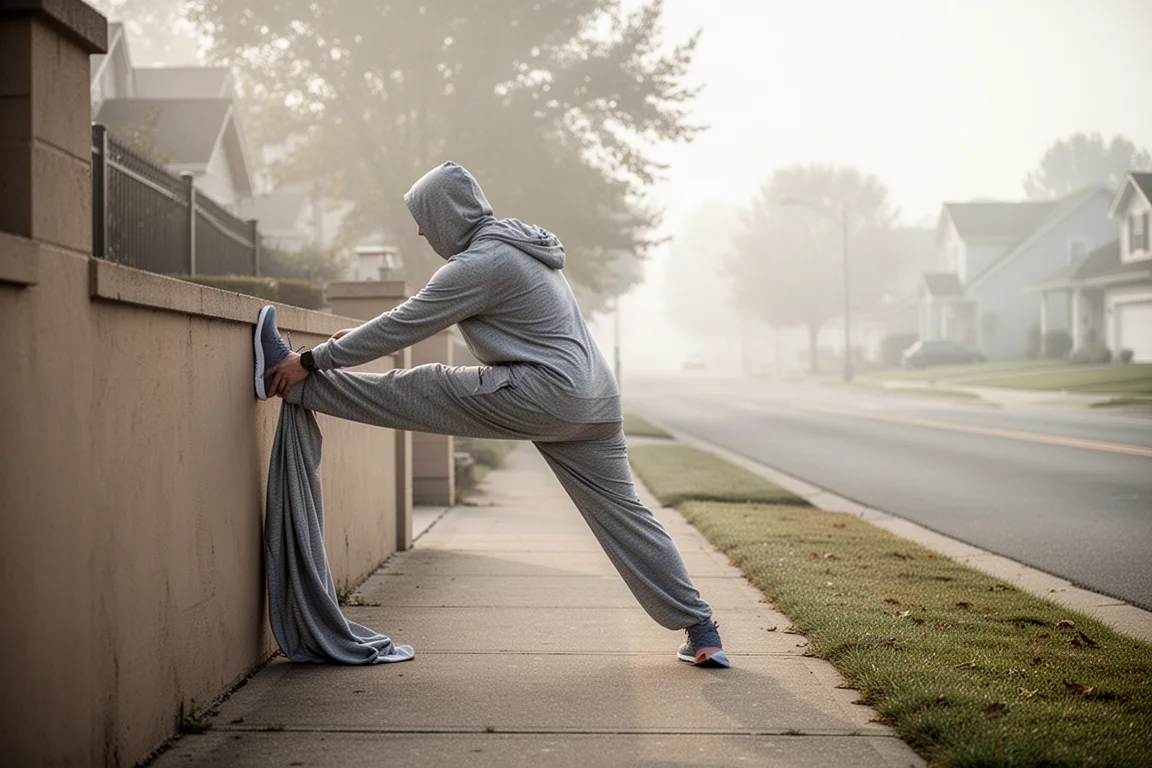Runner stretching on a quiet suburban sidewalk in early morning light