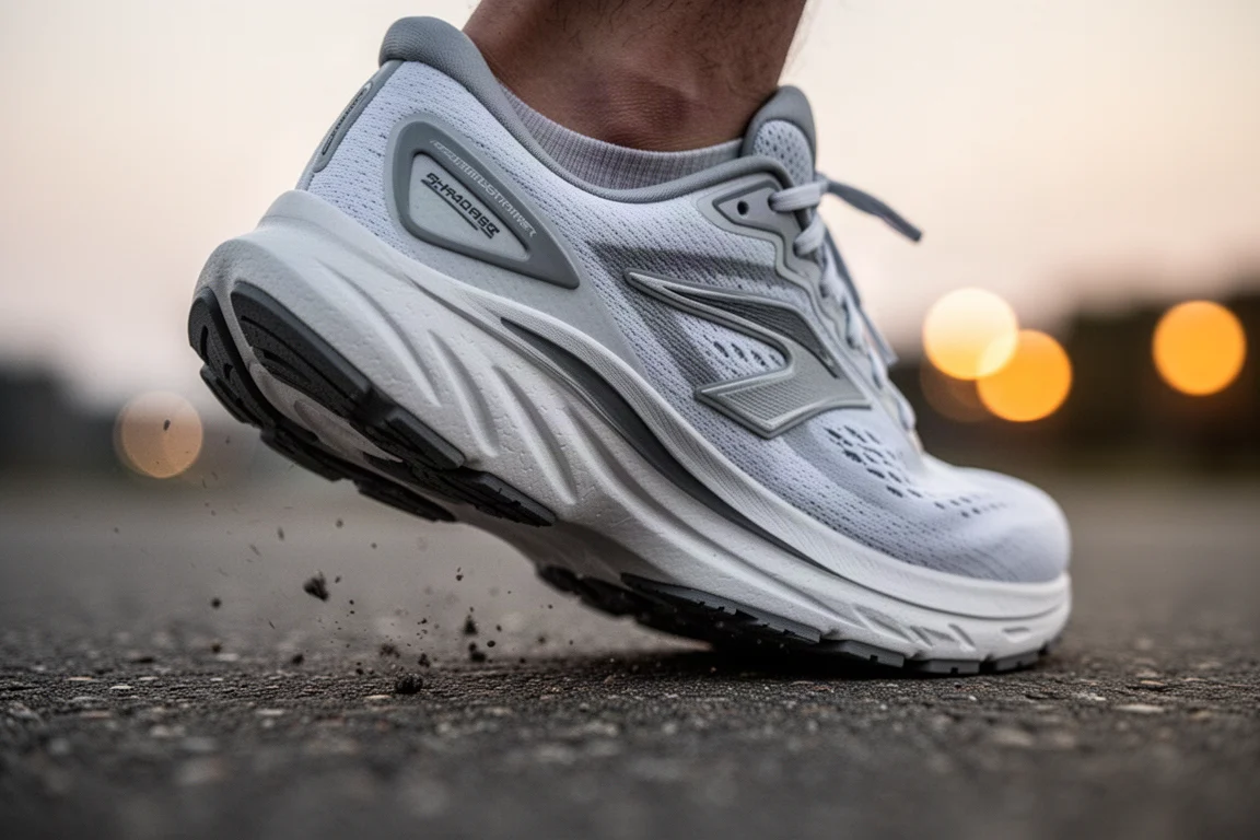 Close-up of a thick running shoe midsole compressing on pavement