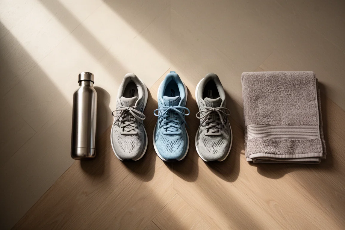 Running shoes lined up on a wooden floor next to a water bottle