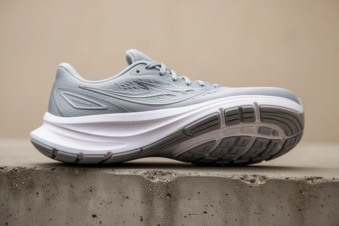 Close-up of a rocker-style running shoe sole curving on concrete