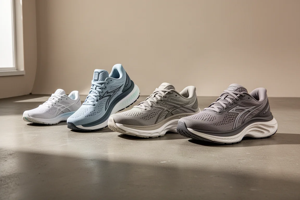 Cinque scarpe da running allineate su un pavimento di cemento in studio