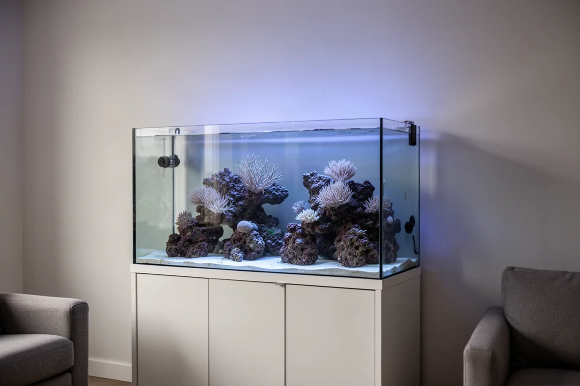 Riffaquarium in einem ruhigen Wohnraum mit weichem blauem Licht an einer hellen Wand