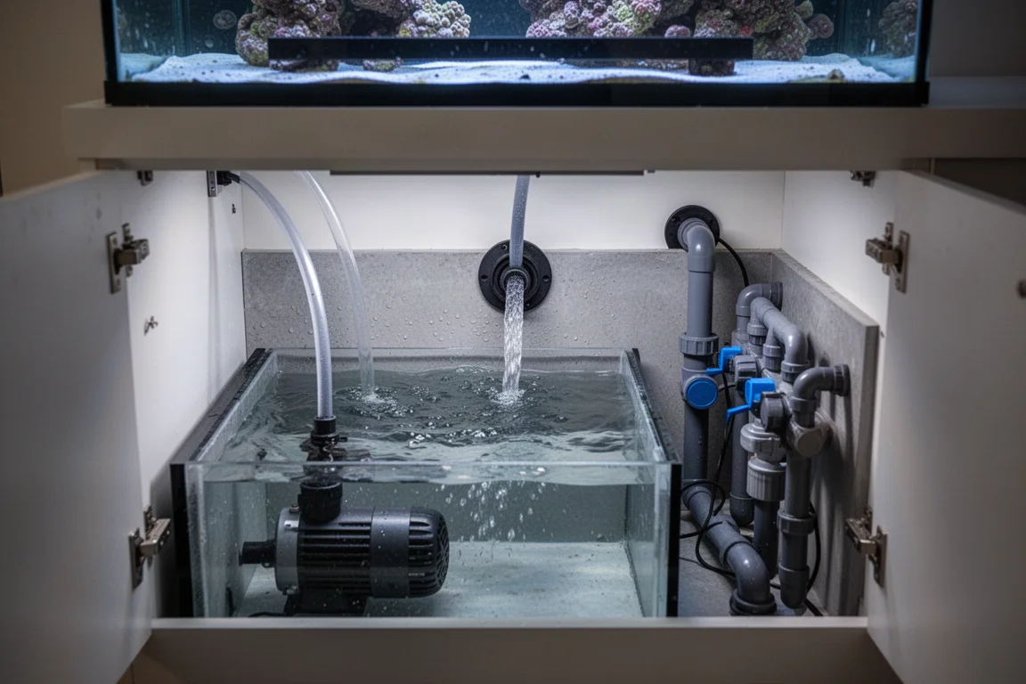Open sump cabinet under a reef aquarium with a return pump chamber and plumbing