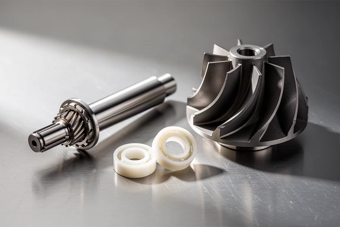 Pump rotor shaft, ceramic bearings and machined impeller laid out on brushed steel