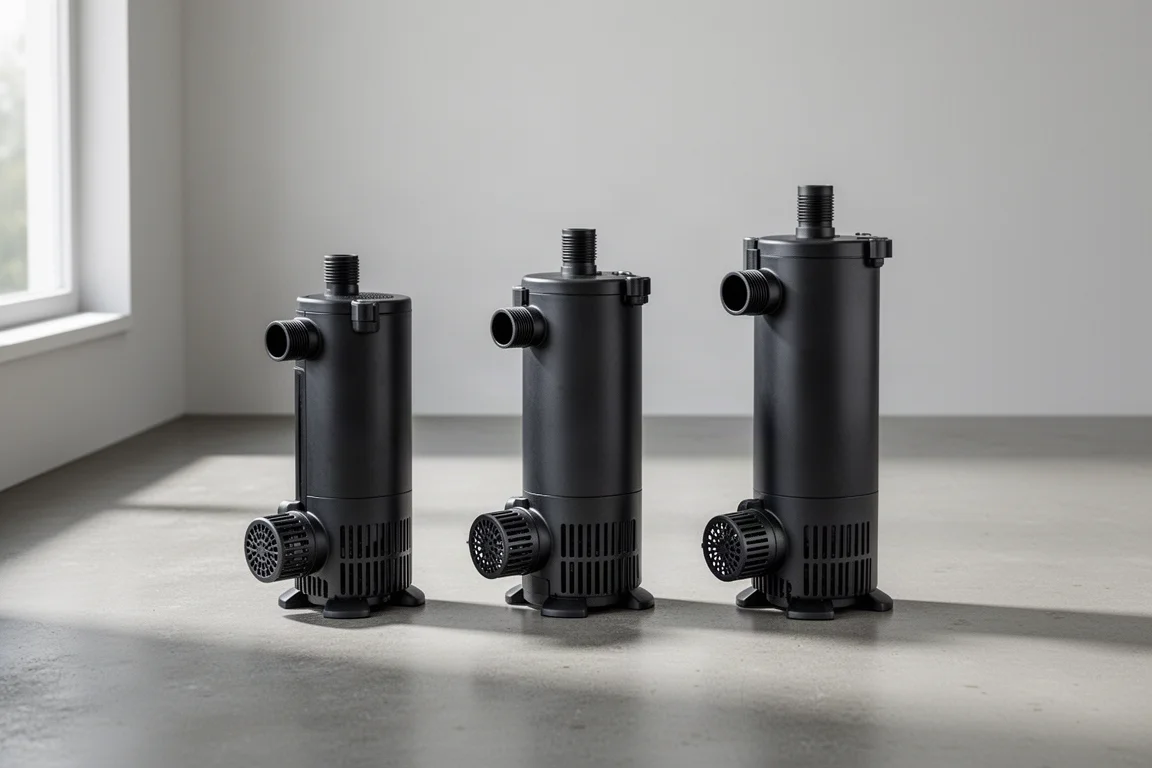 Three aquarium return pumps of increasing size lined up for scale comparison