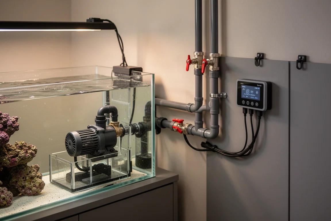 Reef aquarium equipment wall with installed return pump, plumbing and controller
