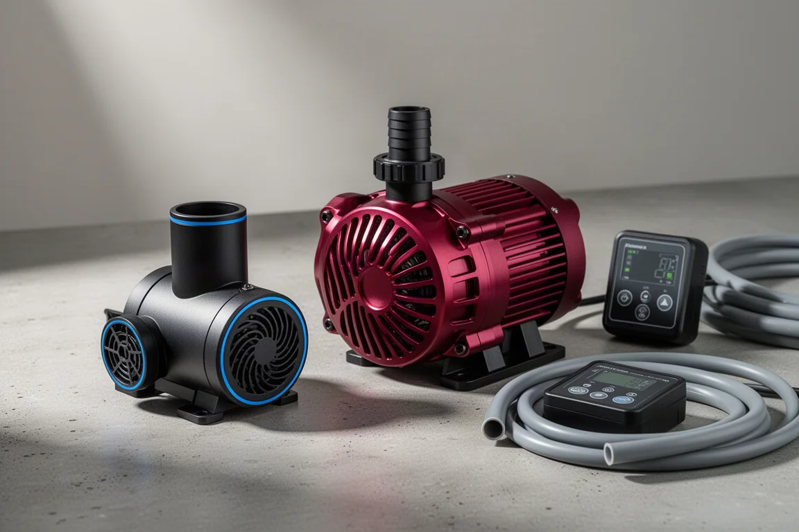 Two DC aquarium return pumps and a controller arranged on a concrete surface