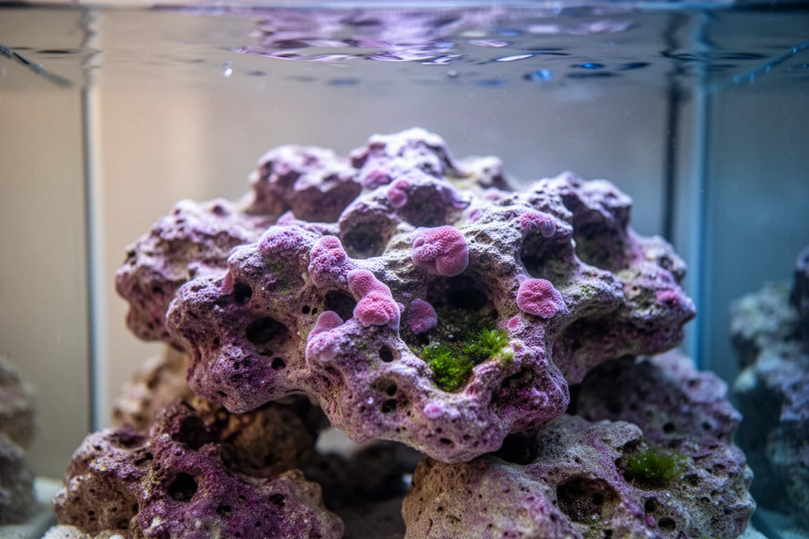 Rocce di un acquario di barriera ricoperte di alghe coralline sotto un'illuminazione blu