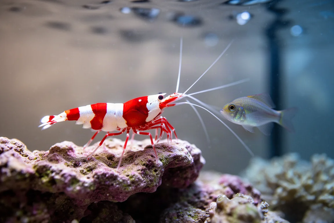 Gamberetto pulitore fasciato posato su una roccia in un acquario di barriera con pesci vicini