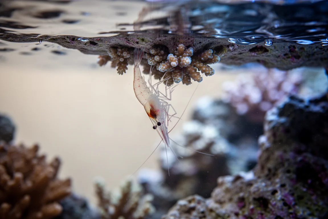 Piccolo gamberetto traslucido che cerca cibo tra i polipi dei coralli in un acquario di barriera