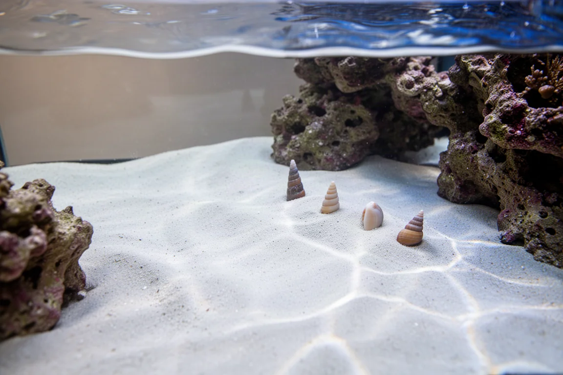 Substrato di sabbia fine in un acquario di barriera con piccole lumache che si nascondono