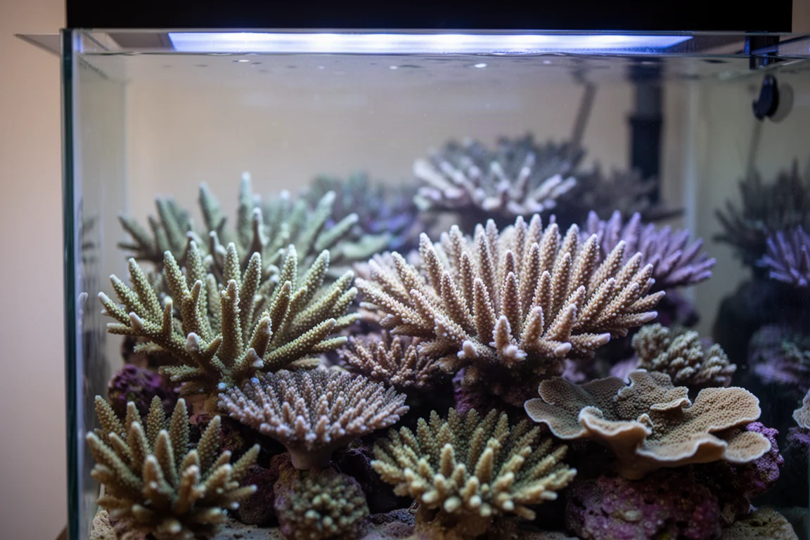 Gros plan sur des coraux durs densément serrés dans un aquarium récifal éclairé