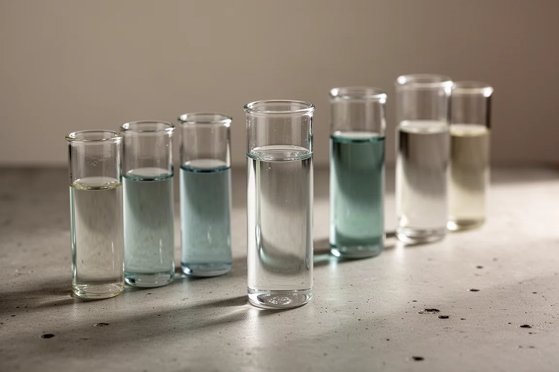 Rangée de fioles de test en verre transparent contenant de l'eau d'aquarium sur une surface en béton