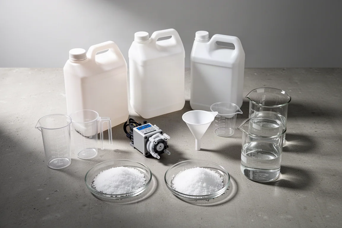 Bidons de dosage pour récif, pompe doseuse, entonnoir et poudre blanche disposés sur du béton