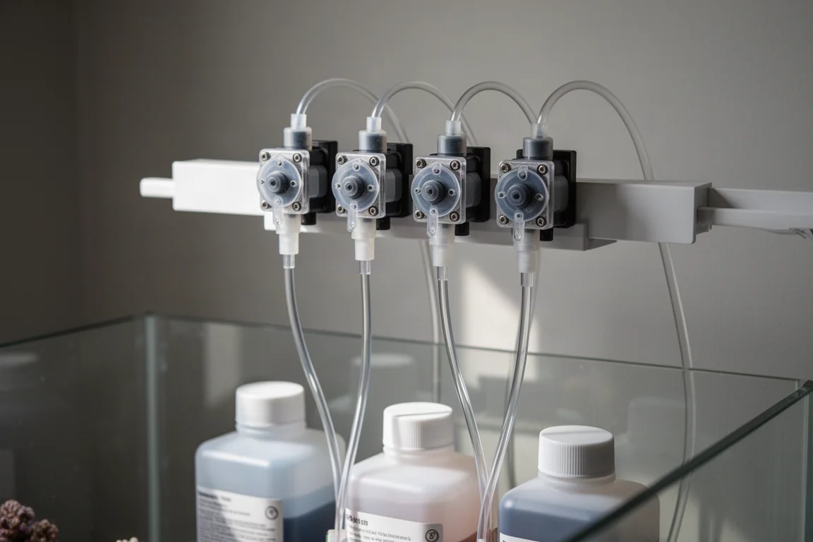 Dosing pump heads and clear tubing feeding supplement containers beside a reef tank